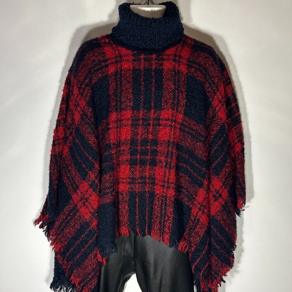 Plaid Poncho Turtleneck Navy & Red OSFA Comfy Parisian Academia Old Money